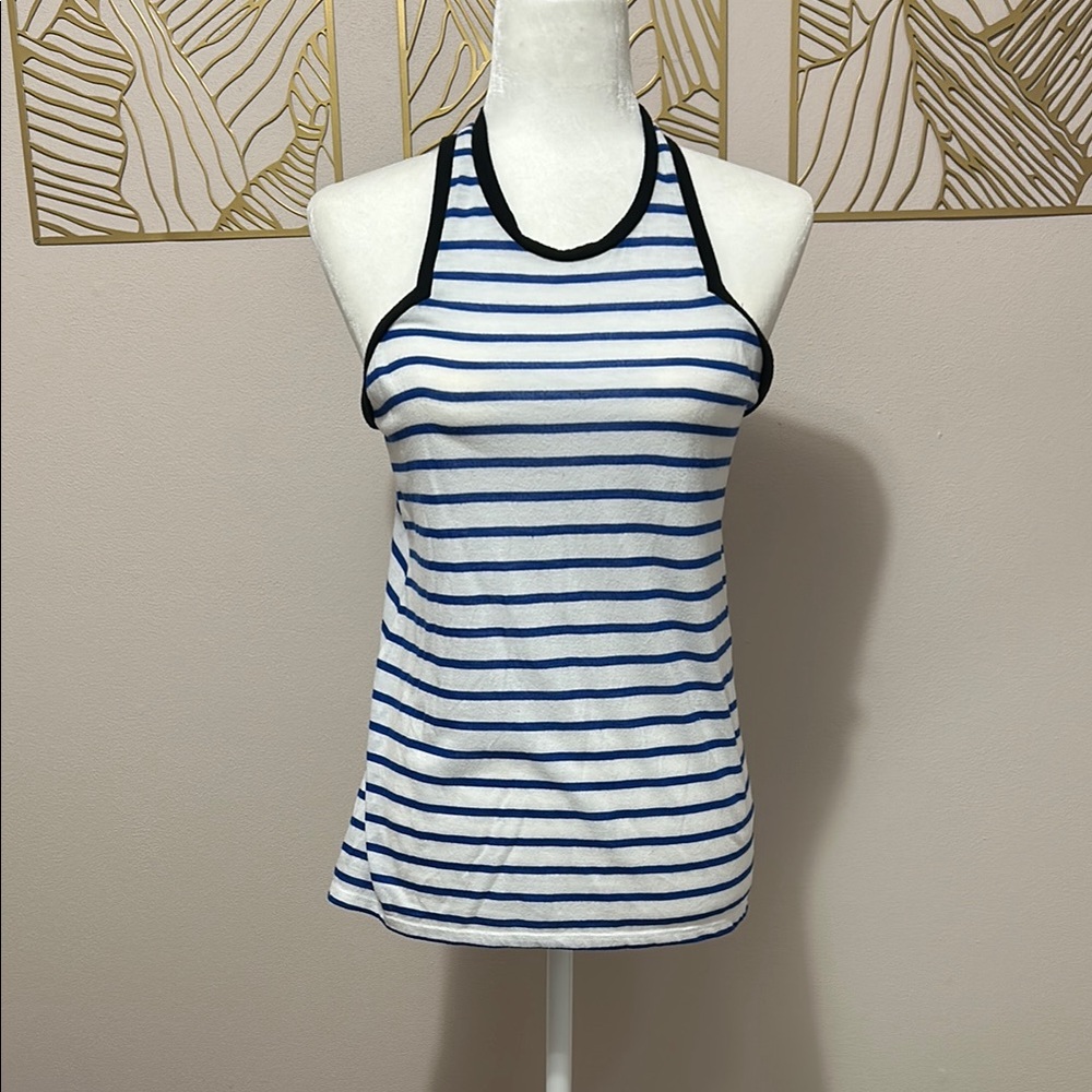 Blue and White Fitted Sleeveless Tank Top with Scoop Neck